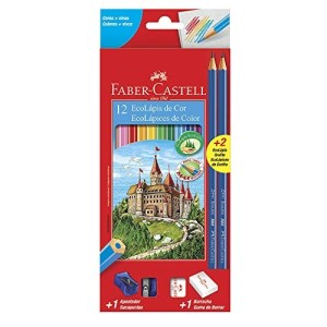 Lápis de Cor Sextavado 12 Cores Faber Castell + 02 Lápis Preto + Acessórios de Brinde 120112+2N
